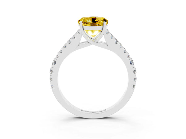 Silver Round Cut Yellow Sapphire Split Shank Engagement Ring with Round Pavé and Prong Setting
