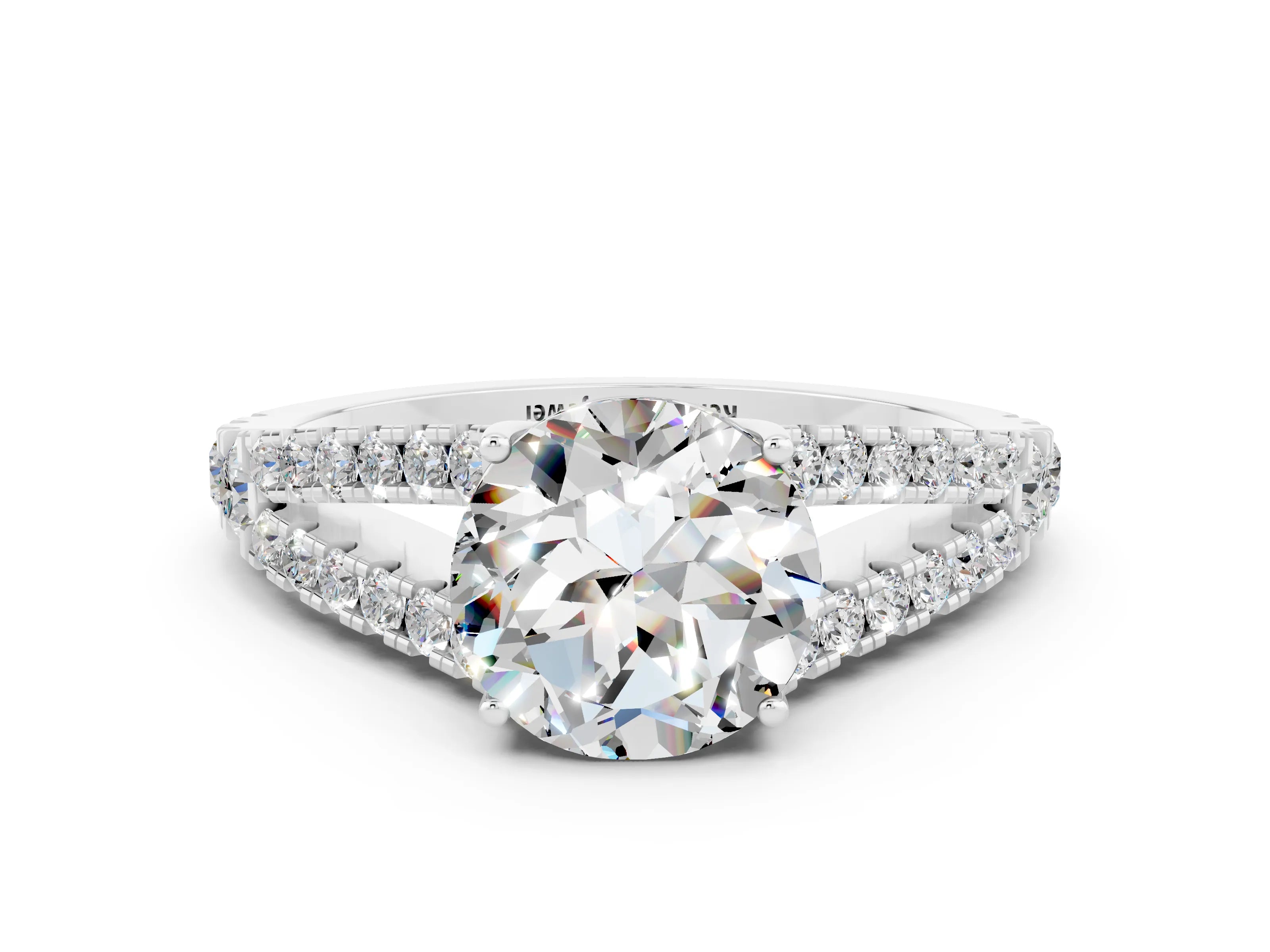 White gold Round Cut Cut Split Shank Pave Diamond Engagement Ring with Four-Prong Setting