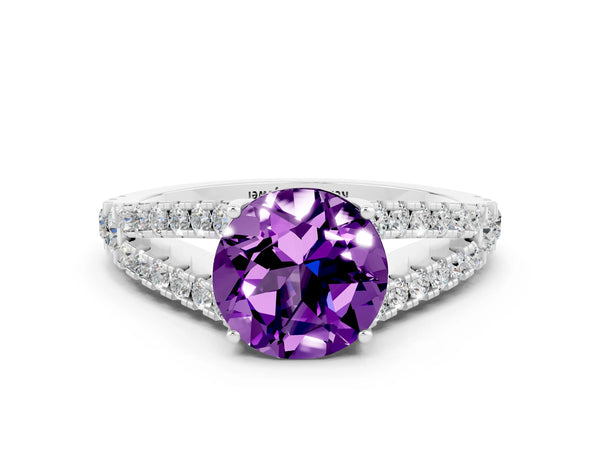 White gold Round Cut Amethyst Split Shank Engagement Ring with Round Pavé and Prong Setting
