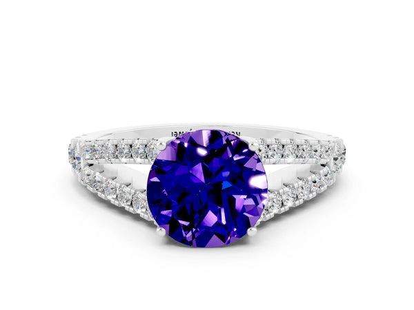 White gold Round Cut Tanzanite Split Shank Engagement Ring with Round Pavé and Prong Setting
