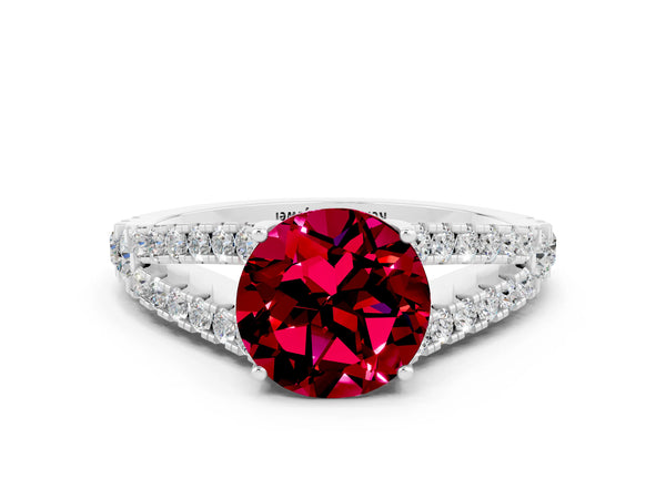 Silver Round Cut Garnet Split Shank Engagement Ring with Round Pavé and Prong Setting