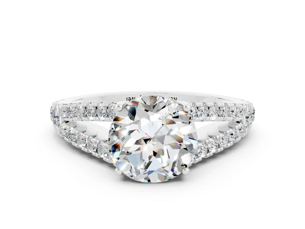 White gold Round Cut Moissanite Split Shank Engagement Ring with Round Pavé and Prong Setting