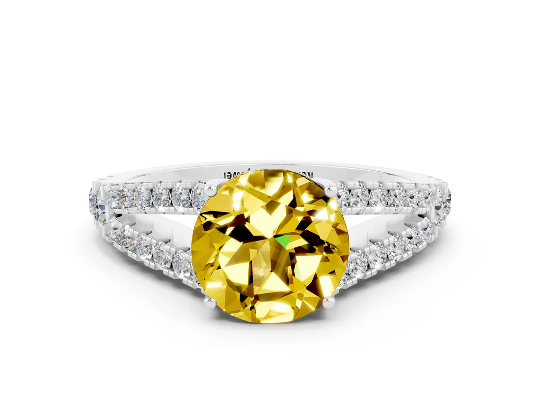 White gold Round Cut Cut Split Shank Pave Diamond Engagement Ring with Four-Prong Setting