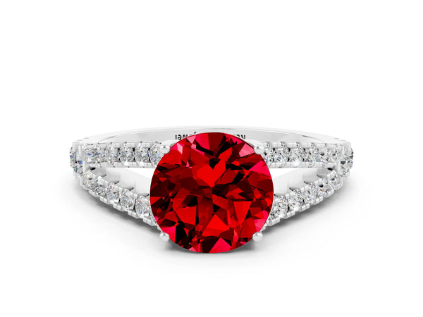 Platinum Round Cut Ruby Split Shank Engagement Ring with Round Pavé and Prong Setting