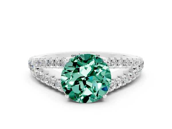 Silver Round Cut Green Sapphire Split Shank Engagement Ring with Round Pavé and Prong Setting