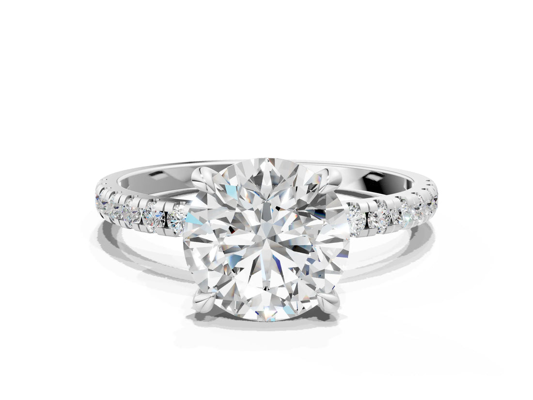 White gold Round Cut Diamond Brilliant Solitaire Ring with Pavé Band and Four-Prong Setting_170