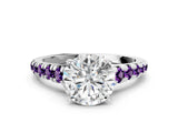 White gold Round Cut Diamond Cathedral Solitaire Ring with Round with Amethyst side stone Pavé Band_12