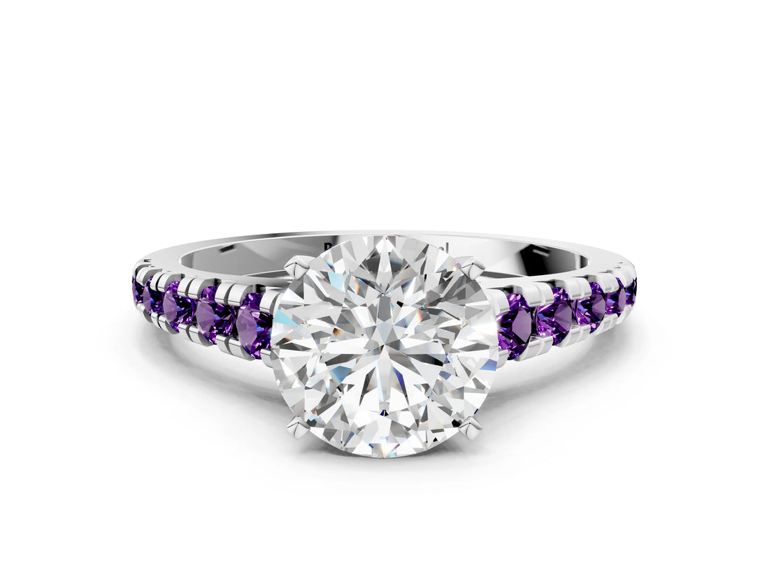 White gold Round Cut Diamond Cathedral Solitaire Ring with Round with Amethyst side stone Pavé Band_12
