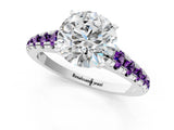 White gold Round Cut Diamond Cathedral Solitaire Ring with Round with Amethyst side stone Pavé Band_13