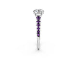 White gold Round Cut Diamond Cathedral Solitaire Ring with Round with Amethyst side stone Pavé Band_14