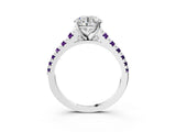 White gold Round Cut Diamond Cathedral Solitaire Ring with Round with Amethyst side stone Pavé Band_15