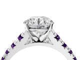 White gold Round Cut Diamond Cathedral Solitaire Ring with Round with Amethyst side stone Pavé Band_16