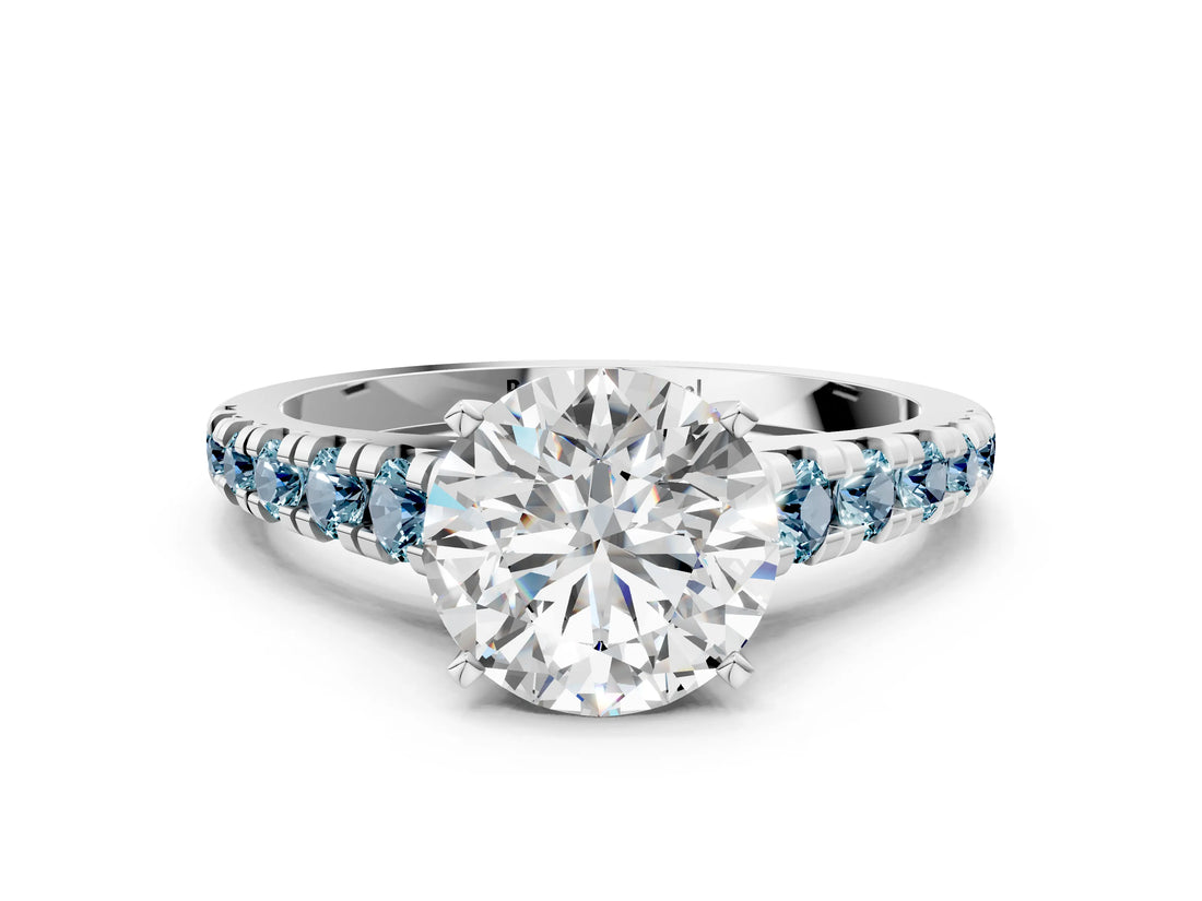 White gold Round Cut Diamond Cathedral Solitaire Ring with Round with Aquamarine side stone Pavé Band_12