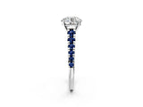White gold Round Cut Diamond Cathedral Solitaire Ring with Round with Blue Sapphire side stone Pavé Band_2