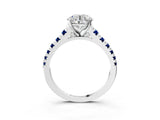 White gold Round Cut Diamond Cathedral Solitaire Ring with Round with Blue Sapphire side stone Pavé Band_3