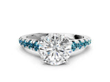 White gold Round Cut Diamond Cathedral Solitaire Ring with Round with Blue Topaz side stone Pavé Band