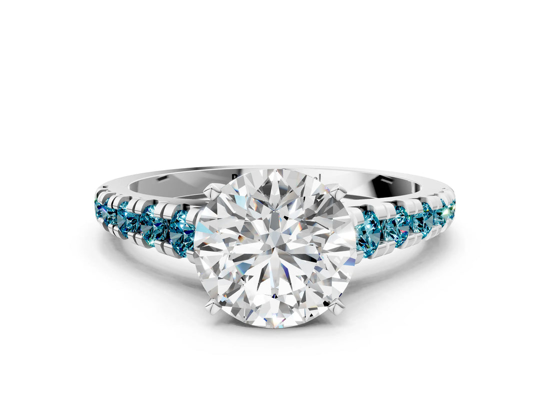 White gold Round Cut Diamond Cathedral Solitaire Ring with Round with Blue Topaz side stone Pavé Band