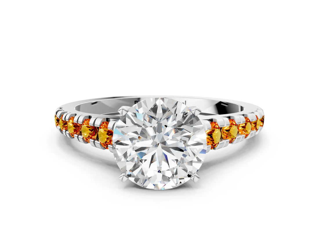 White gold Round Cut Diamond Cathedral Solitaire Ring with Round with Citrine side stone Pavé Band_24