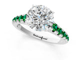 White gold Round Cut Diamond Cathedral Solitaire Ring with Round with Emerald side stone Pavé Band_1
