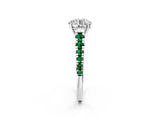 White gold Round Cut Diamond Cathedral Solitaire Ring with Round with Emerald side stone Pavé Band_2