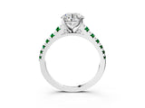 White gold Round Cut Diamond Cathedral Solitaire Ring with Round with Emerald side stone Pavé Band_3