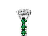 White gold Round Cut Diamond Cathedral Solitaire Ring with Round with Emerald side stone Pavé Band_5
