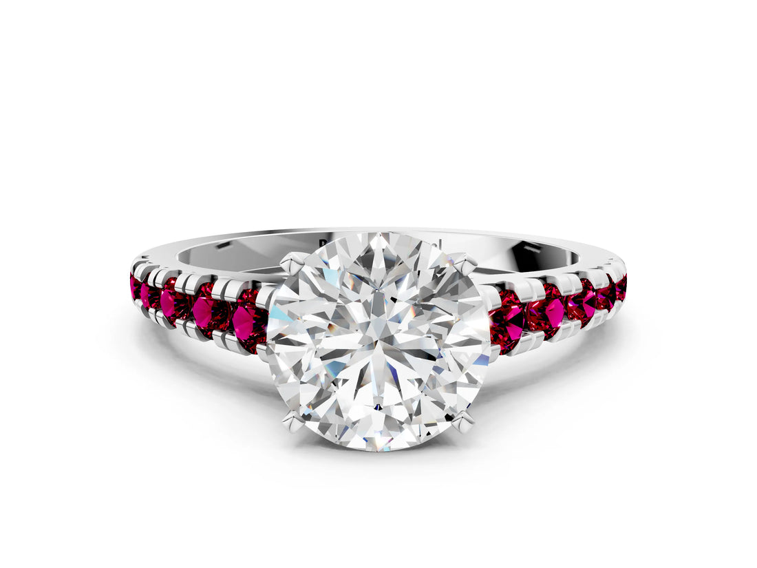 White gold Round Cut Diamond Cathedral Solitaire Ring with Round with Garnet side stone Pavé Band_12