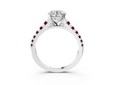 White gold Round Cut Diamond Cathedral Solitaire Ring with Round with Garnet side stone Pavé Band_15