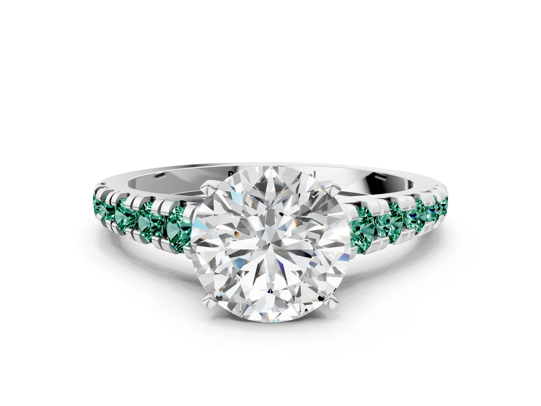 White gold Round Cut Diamond Cathedral Solitaire Ring with Round with Green Sapphire side stone Pavé Band_12