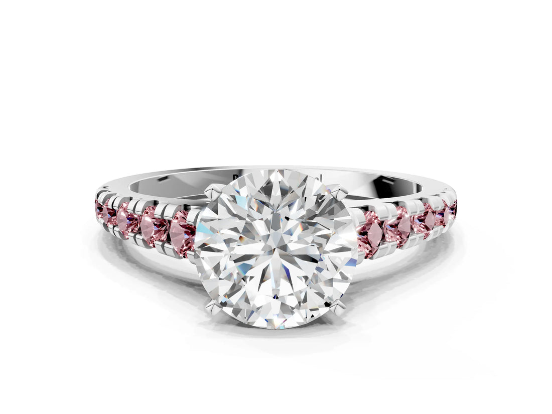 White gold Round Cut Diamond Cathedral Solitaire Ring with Round with Morganite side stone Pavé Band