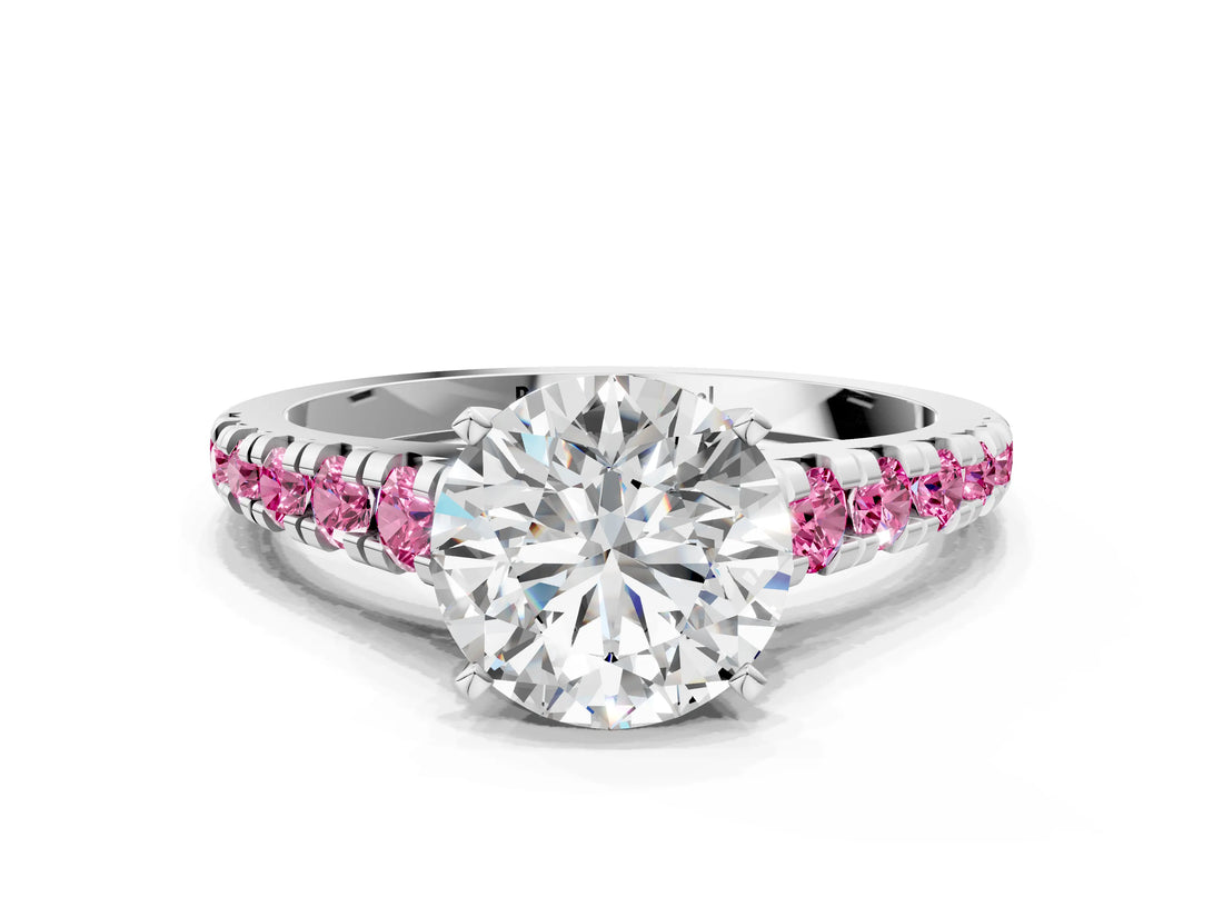 White gold Round Cut Diamond Cathedral Solitaire Ring with Round with Pink Sapphire side stone Pavé Band_12