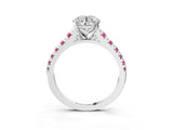 White gold Round Cut Diamond Cathedral Solitaire Ring with Round with Pink Sapphire side stone Pavé Band_15