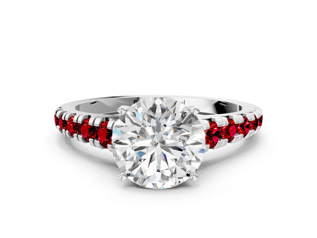 White gold Round Cut Diamond Cathedral Solitaire Ring with Round with Ruby side stone Pavé Band_12