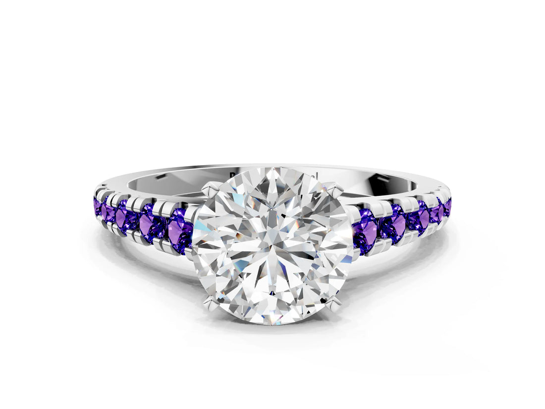 White gold Round Cut Diamond Cathedral Solitaire Ring with Round with Tanzanite side stone Pavé Band_48
