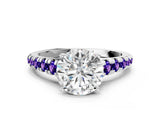 White gold Round Cut Diamond Cathedral Solitaire Ring with Round with Tanzanite side stone Pavé Band_48