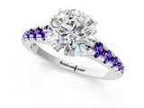 White gold Round Cut Diamond Cathedral Solitaire Ring with Round with Tanzanite side stone Pavé Band_49
