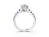 White gold Round Cut Diamond Cathedral Solitaire Ring with Round with Tanzanite side stone Pavé Band_51