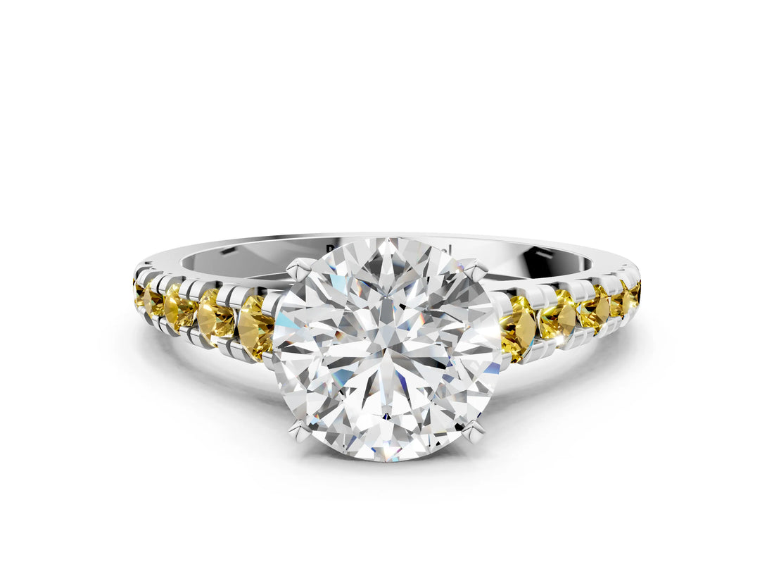 White gold Round Cut Diamond Cathedral Solitaire Ring with Round with Yellow Sapphire side stone Pavé Band_42
