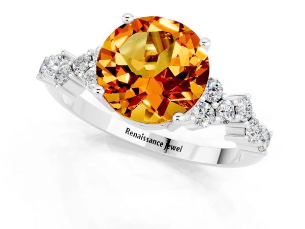 Platinum Round Cut Citrine Scattered Round Accent Ring with Prong Setting