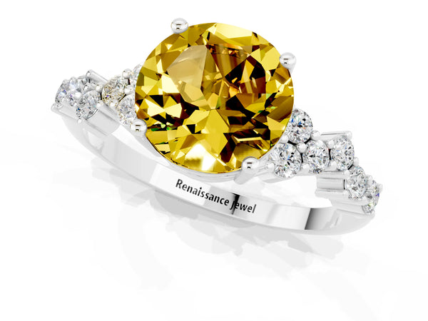 Silver Round Cut Yellow Sapphire Scattered Round Accent Ring with Prong Setting