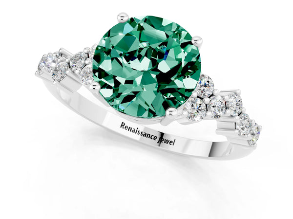 Platinum Round Cut Green Sapphire Scattered Round Accent Ring with Prong Setting