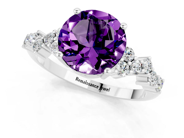 Silver Round Cut Amethyst Scattered Round Accent Ring with Prong Setting