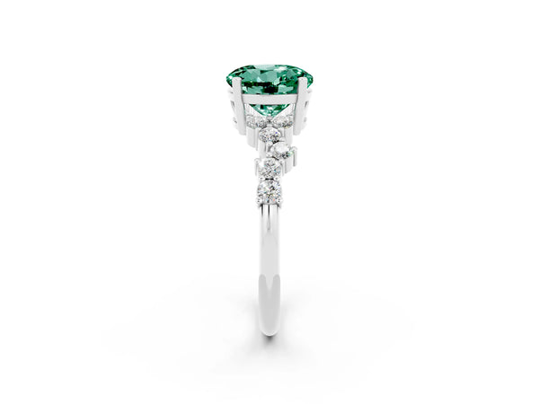 Platinum Round Cut Green Sapphire Scattered Round Accent Ring with Prong Setting