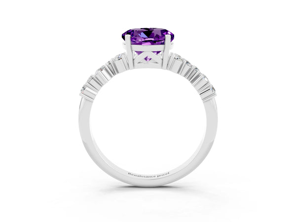 Silver Round Cut Amethyst Scattered Round Accent Ring with Prong Setting