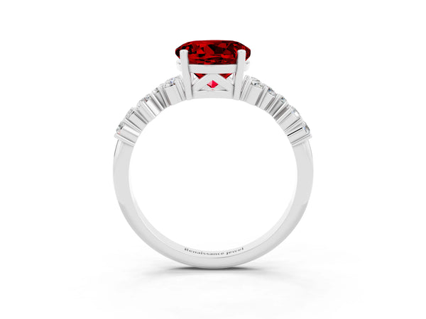 Platinum Round Cut Ruby Scattered Round Accent Ring with Prong Setting