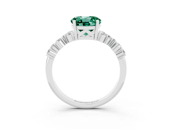 Platinum Round Cut Green Sapphire Scattered Round Accent Ring with Prong Setting