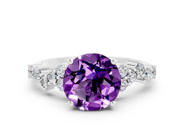 Silver Round Cut Amethyst Scattered Round Accent Ring with Prong Setting