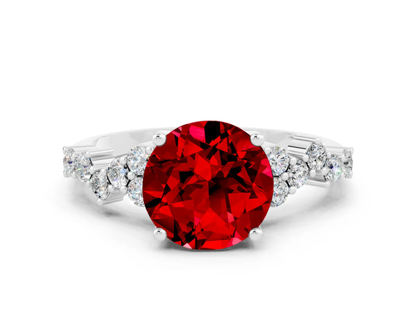 Platinum Round Cut Ruby Scattered Round Accent Ring with Prong Setting