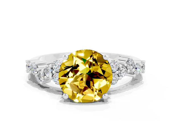 White gold Round Cut Yellow Sapphire Scattered Round Accent Ring with Prong Setting