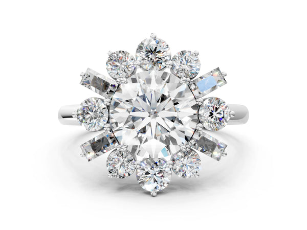 Silver Oval Diamond Cluster Ring with Round and Baguette Stones, Split Shank Band, Prong Setting